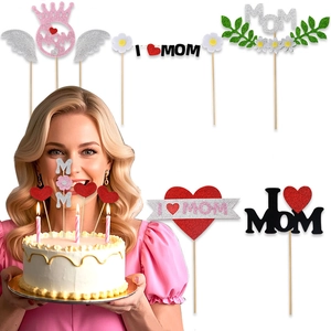 Set Decorazioni Torta Glitter Festa della Mamma MOM I Love MOM Cuore Corona Floreale Topper per Dessert per Festa