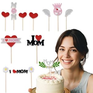 Mother's Day Glitter Cake Topper Set I Love MOM Heart Crown Flower Cake Decoration For Mom Birthday Party Dessert Supplies
