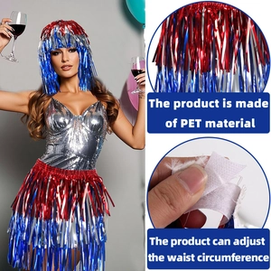 Detail of red silver blue fringe tinsel skirt with adjustable Velcro waist for parties