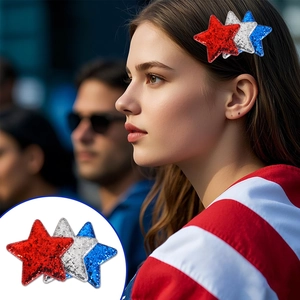 Red silver and blue glitter star hair clips set for Independence Day celebration