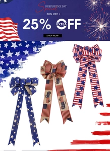 Three USA Independence Day burlap bows with stars, stripes and festive truck prints