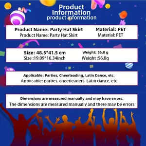 Detailed size and material specification chart for the PET festive party hat skirt