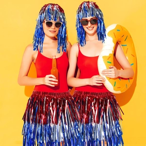 Close-up of metallic tinsel fringe wig and skirt set in red white and blue party colors