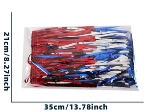 Macro shot of 21x35cm red blue and silver tinsel fringe for party decorations