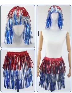 Detail of red, silver, and blue tinsel wig and skirt set for July 4th party decor