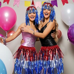 USA Independence Day Party Set Red White Blue Metallic PET Foil Tinsel Wig Skirt Hat Costume Props For Festive Celebration