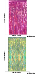 Detail view of colorful metallic tinsel curtains with dimensions and weight specs