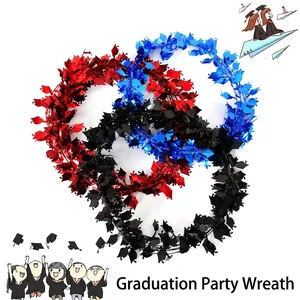 Red blue and black graduation tinsel garland with mortarboard charms for party decor