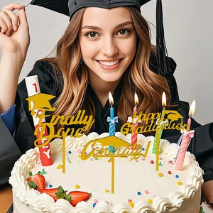 Golden acrylic graduation cake toppers featuring Congrats and Happy Graduation messages