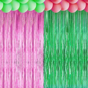 Pink and green laser tinsel curtains with matching latex balloons party backdrop set