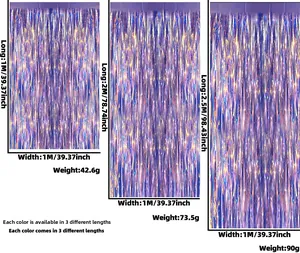 Size comparison of purple laser fringe curtains in one, two, and two and a half meter lengths