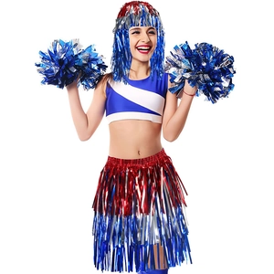 Independence Day cheerleader costume with blue top, tinsel skirt, wig and pom poms