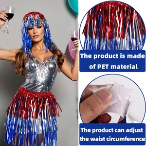 Patriotic red blue silver tinsel wig and fringe skirt set for US party and cheerleading