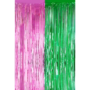 Pink and green tinsel foil fringe curtains for Wicked themed party background decoration