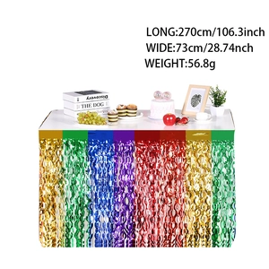 Rainbow foil fringe table skirt for party decor with dimensions 106x28 inches