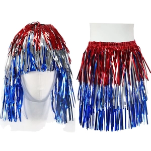 Red silver blue tinsel wig and grass skirt set for USA Independence Day party decor