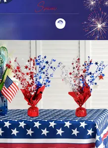 Detail of red blue and silver star spray centerpieces for Independence Day table decor