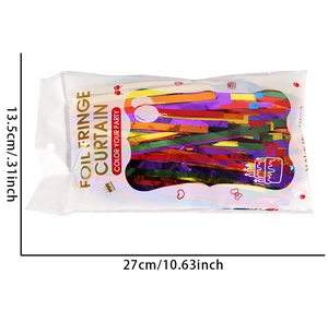 Detailed view of rainbow foil fringe table skirt in packaging with size measurements