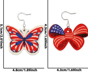 Especificaciones de tamaño de aretes de mariposa con bandera americana y purpurina