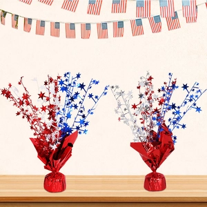Detail of red silver blue star table fountain centerpieces for Independence Day party décor