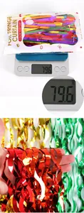 Detailed view of colorful foil fringe table skirt on weighing scale showing product weight