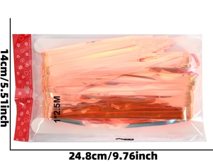 Rose gold metallic foil fringe curtain in packaging for 1x2.5M party background setup