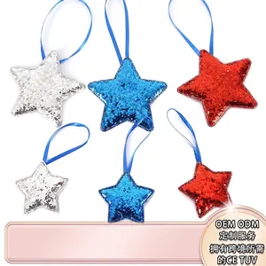 Independence Day set of 6 red silver blue sequin star hanging ornaments in two sizes
