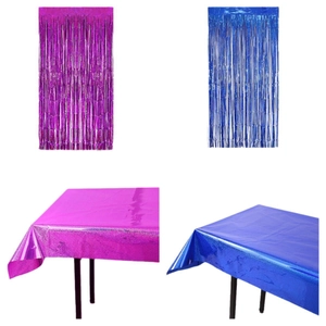 Blue and purple laser foil fringe curtain and matching metallic tablecloth party set