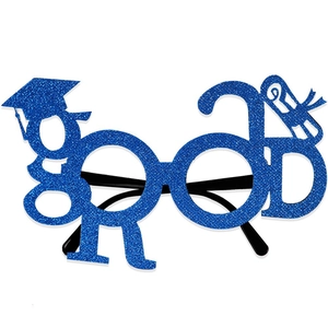 Detail of blue glitter GRAD glasses with bachelor cap and scroll for graduation party