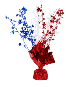 Close-up of patriotic red, silver and blue star spray centerpiece for party tables