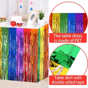 Rainbow foil fringe table skirt for party decor with adhesive strip on PET material