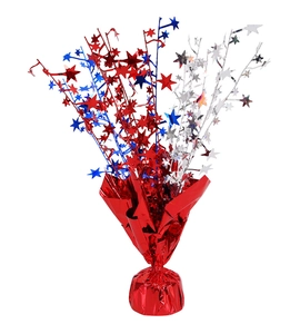 Close-up of red, blue, and silver metallic star centerpiece for party table decoration