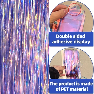 2m iridescent foil fringe curtain with adhesive strip for party backdrop decoration