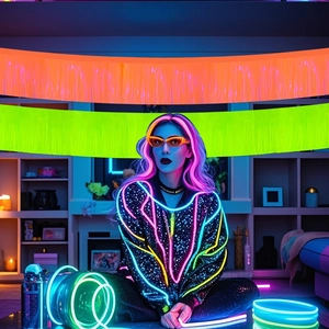 Detail of neon party fringe curtain with glowing LED jacket and orange light-up glasses