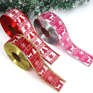 Christmas burlap ribbons with elk snowflake patterns for tree decoration and gift wrapping