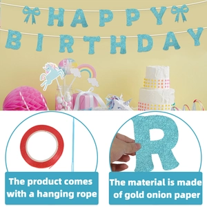 Blue glitter happy birthday banner with gold onion paper texture and red hanging string