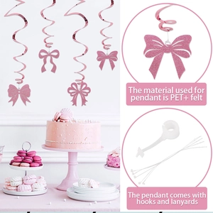 Dettaglio del fiocco rosa glitterato con spirale in PET per decorazioni per feste