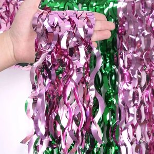 Pink and green metallic tinsel curtain party decoration with wavy fringe and laser texture