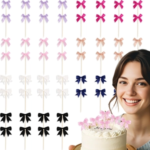 Polyester Ribbon Bow Cake Toppers With Wooden Sticks Satin Bow Cake Decorations For Birthday Wedding Party Dessert Decor