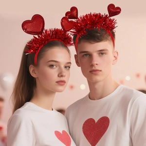Red heart headband with tinsel for Valentine's Day party worn by a couple on pink background