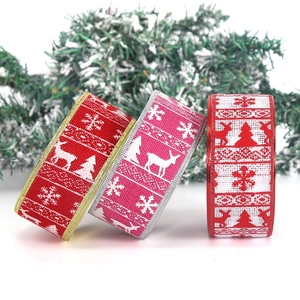 2M Christmas faux linen ribbon with snowflake and reindeer prints for tree decoration