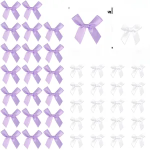 Detailed size specifications for 40pcs purple and white satin ribbon decorative bows