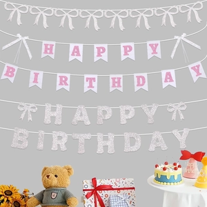 Pink and silver glitter Happy Birthday banner set with bows for party decorations
