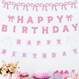 Glitter Bowknot Birthday Banner Garland For Girls Party Decoration European Style Letter Bunting For Celebration Hanging Ornaments