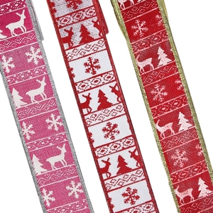 2-meter Christmas faux linen ribbons with snowflake and reindeer prints for tree decor