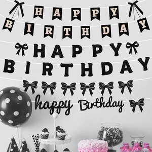 Black and gold happy birthday banner set with glitter bow tie party decorations