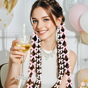 Fiocchi decorativi in raso rosa e bianco su trecce per feste di compleanno e eventi