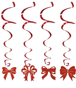 Dettaglio di quattro ciondoli a fiocco rosso glitterato su spirali festive in PET