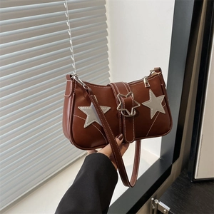 Vintage brown leather square shoulder bag with silver star buckle and contrast stitching