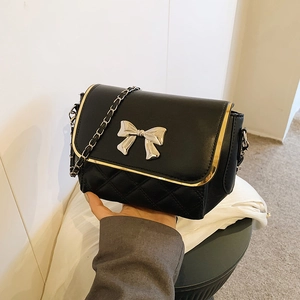 Fashion Women Rhombic Quilted PU Leather Crossbody Bag With Metal Bow Decor Small Square Chain Shoulder Bag For Daily Match